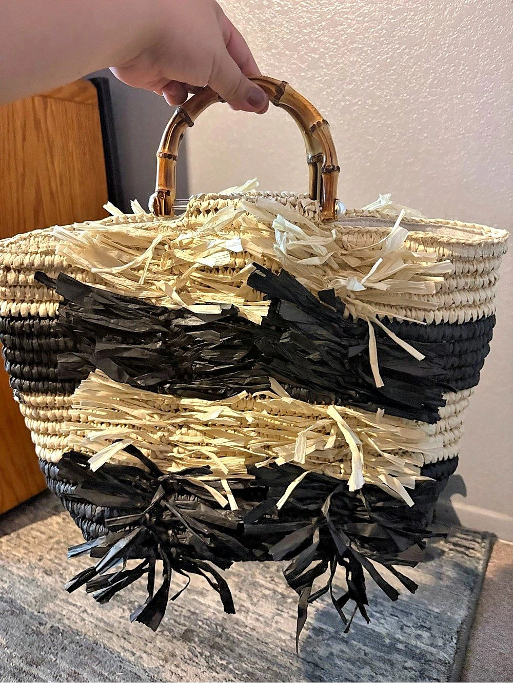 Black & Beige paper fringe tote bag